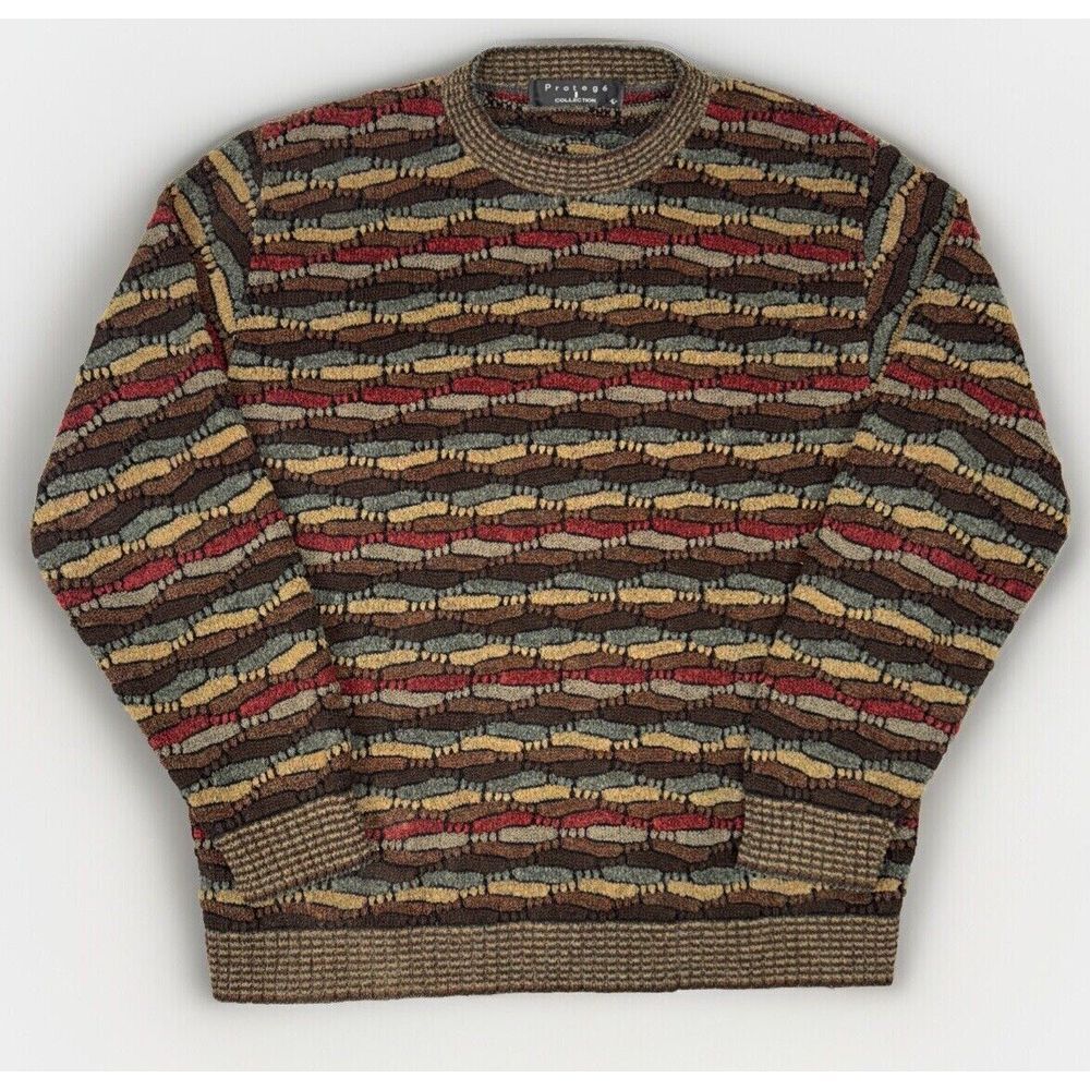 Vtg PROTEGE Collection Sweater Mens Large Coogi Style 3D Knit Sweater Brown Y2K